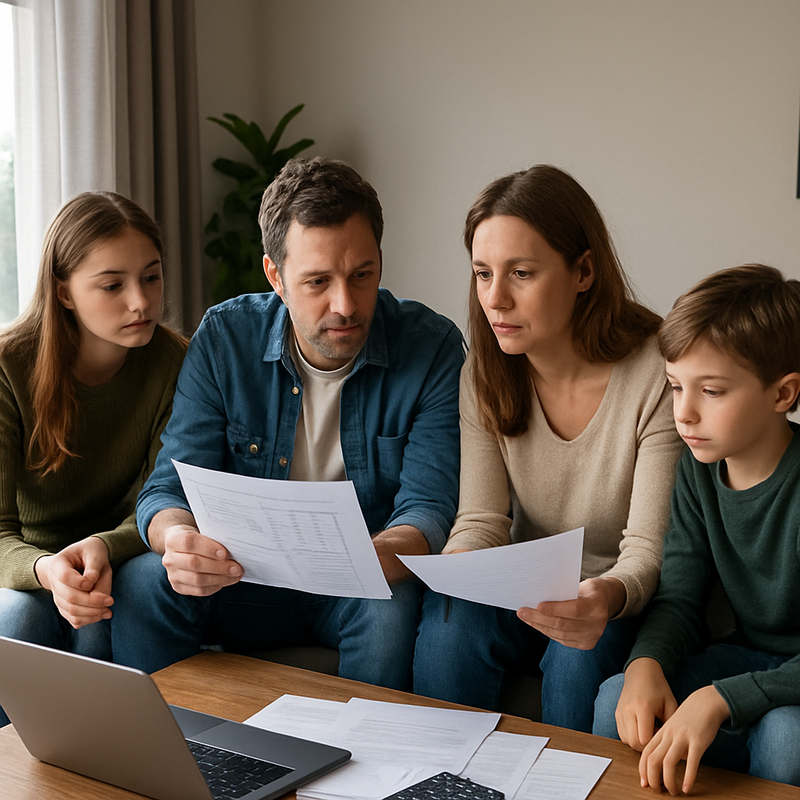 Dutch family discussing financial documents together at home
