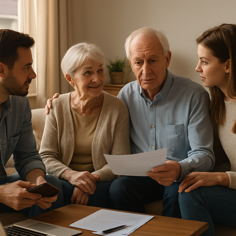 Familiebijeenkomst met oudere ouders in een huiselijke omgeving die samen financiële kwesties bespreken
