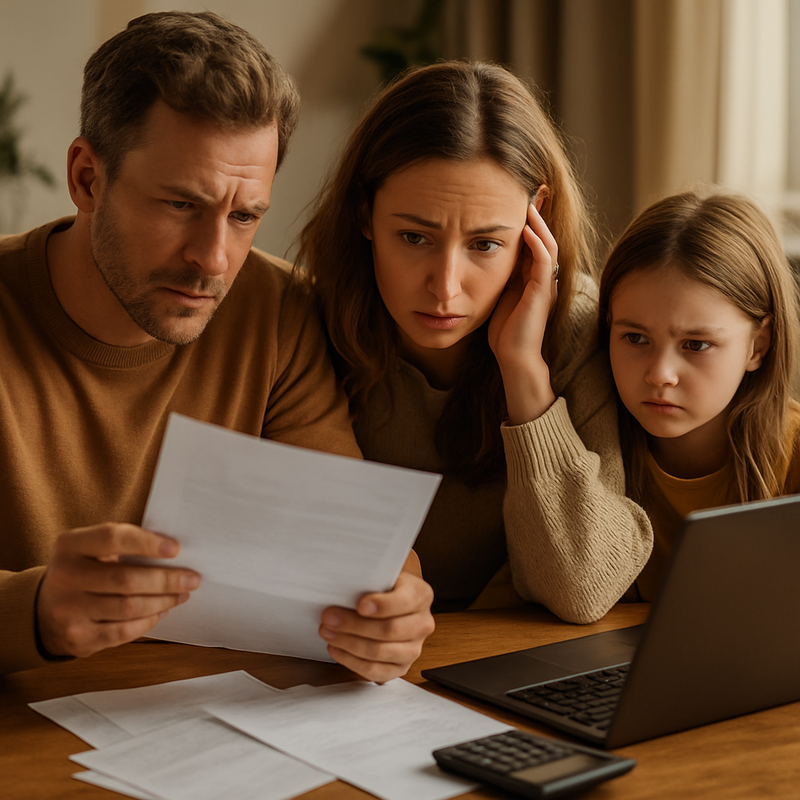 Nederlandse familie bekijkt rekeningen en financien thuis