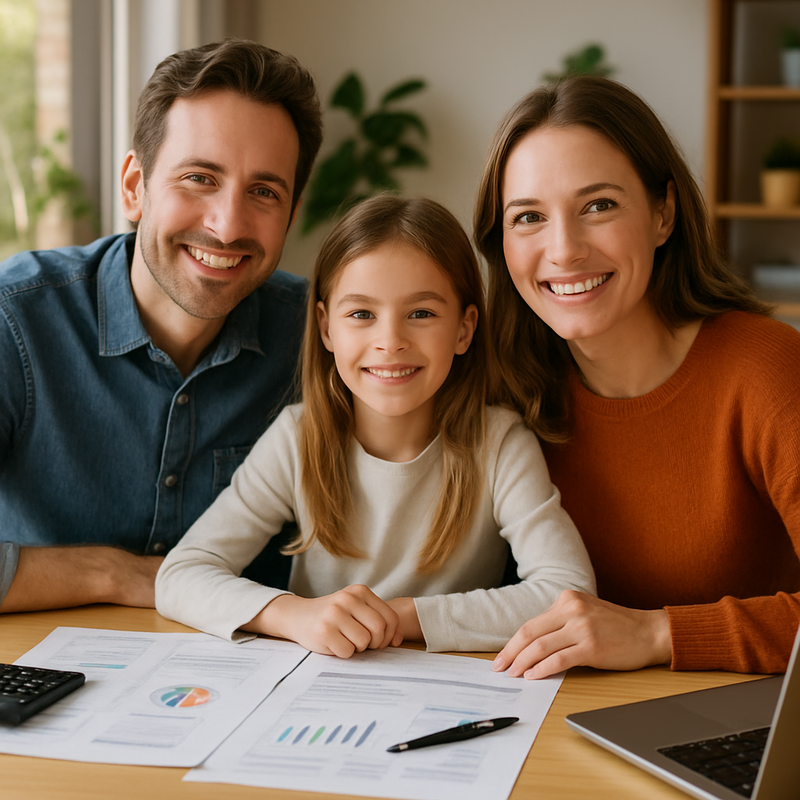 Nederlands gezin aan tafel met laptop en financiële documenten, bezig met gezinsplanning
