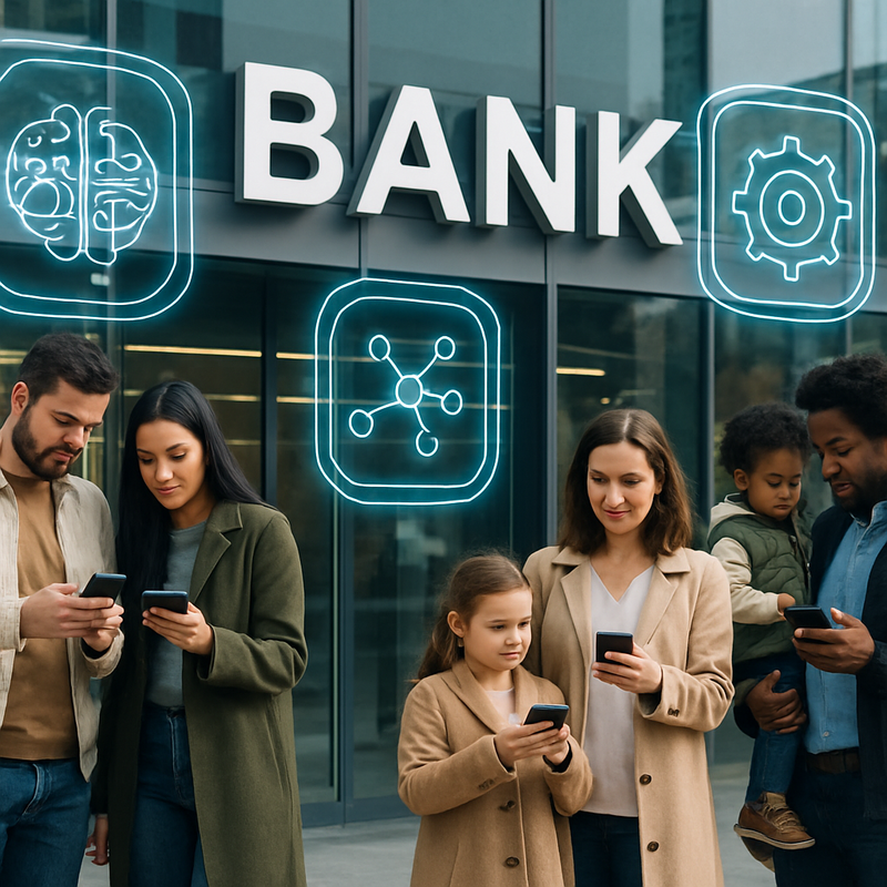 Moderne Nederlandse bank met digitale technologie en gezinnen gebruikmakend van digitale bankapps
