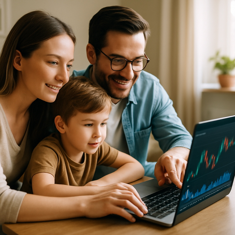 Gezin thuis bekijkt financiële marktinformatie op laptop