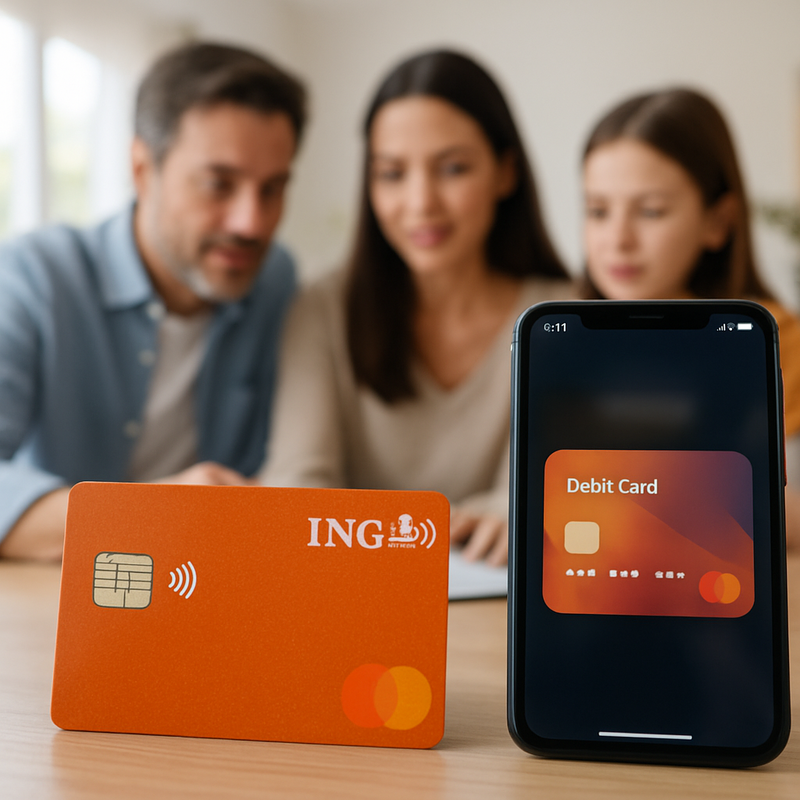 Moderne ING betaalpas naast smartphone met digitale portemonnee en familie in achtergrond