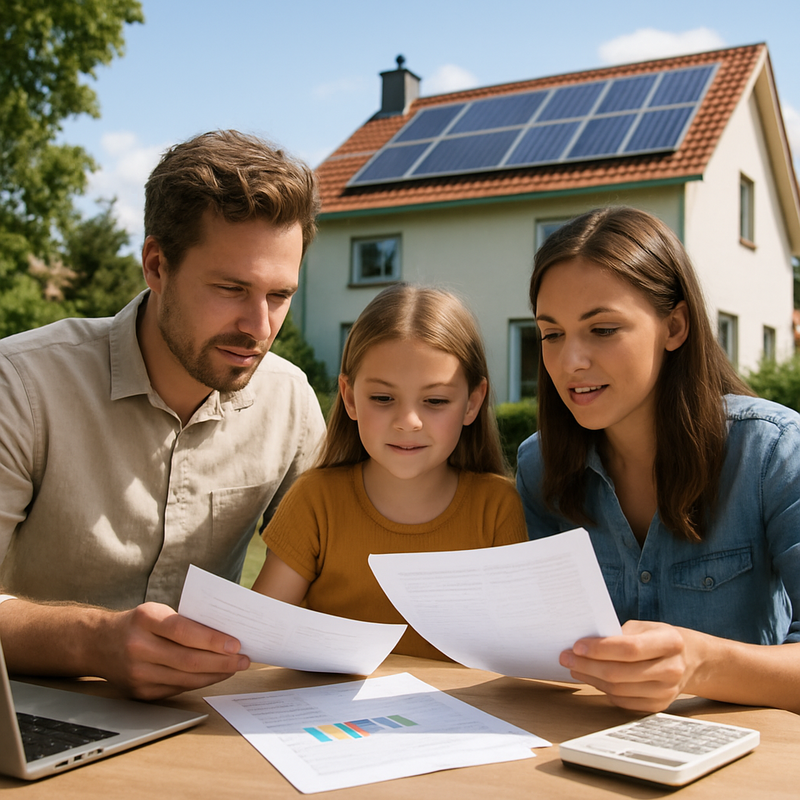 Nederlands gezin onderzoekt financiële documenten met energiezuinig huis op achtergrond