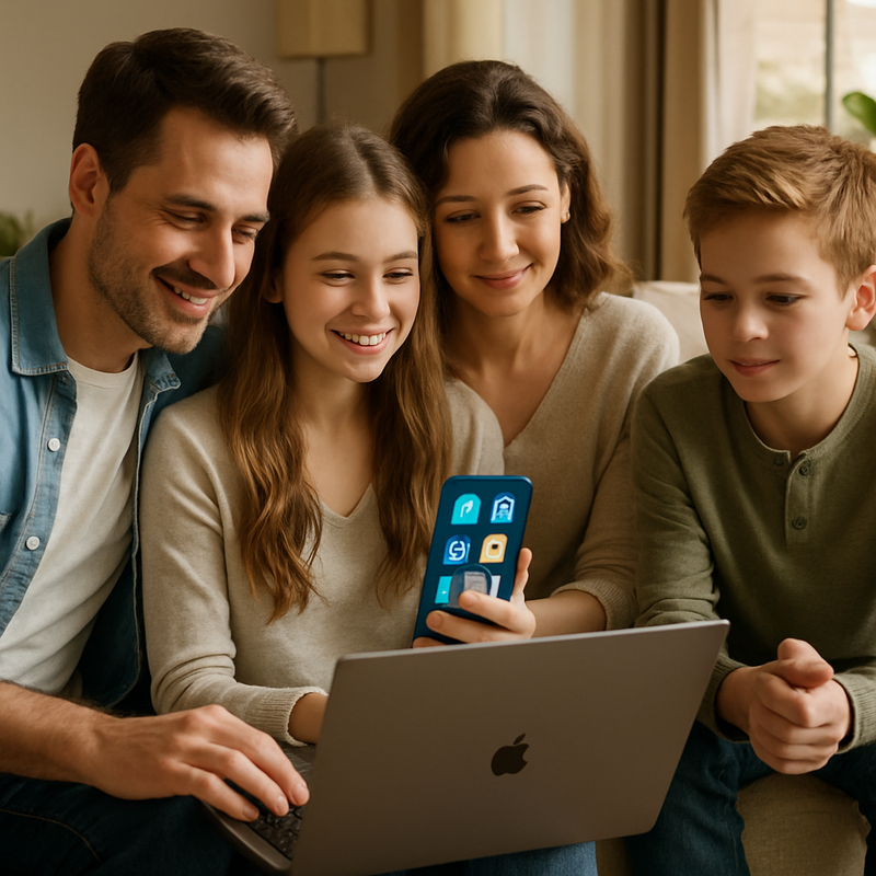 Gezin kijkt samen naar financieel advies op een laptop en smartphone in een woonkamer.