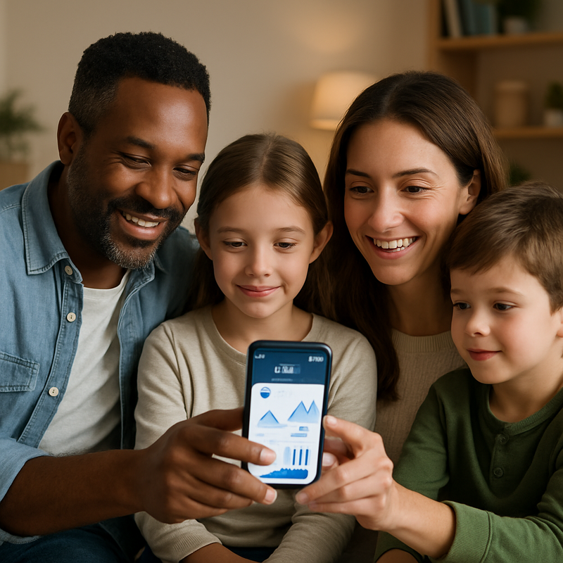 Gezin gebruikt smartphone met financiële app voor sparen en beleggen