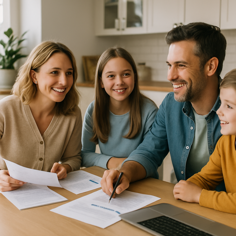 Gelukkig Nederlands gezin bespreekt budget en investeringen aan tafel in een modern huis