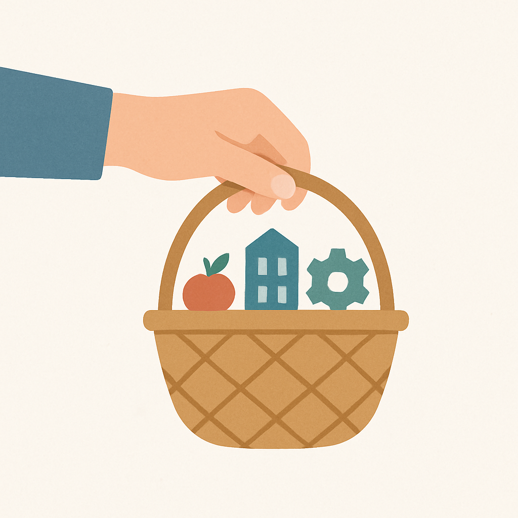 Een minimalistische illustratie van een hand die een gevuld boodschappenmandje vasthoudt. Het mandje bevat symbolen die verschillende investeringen voorstellen.