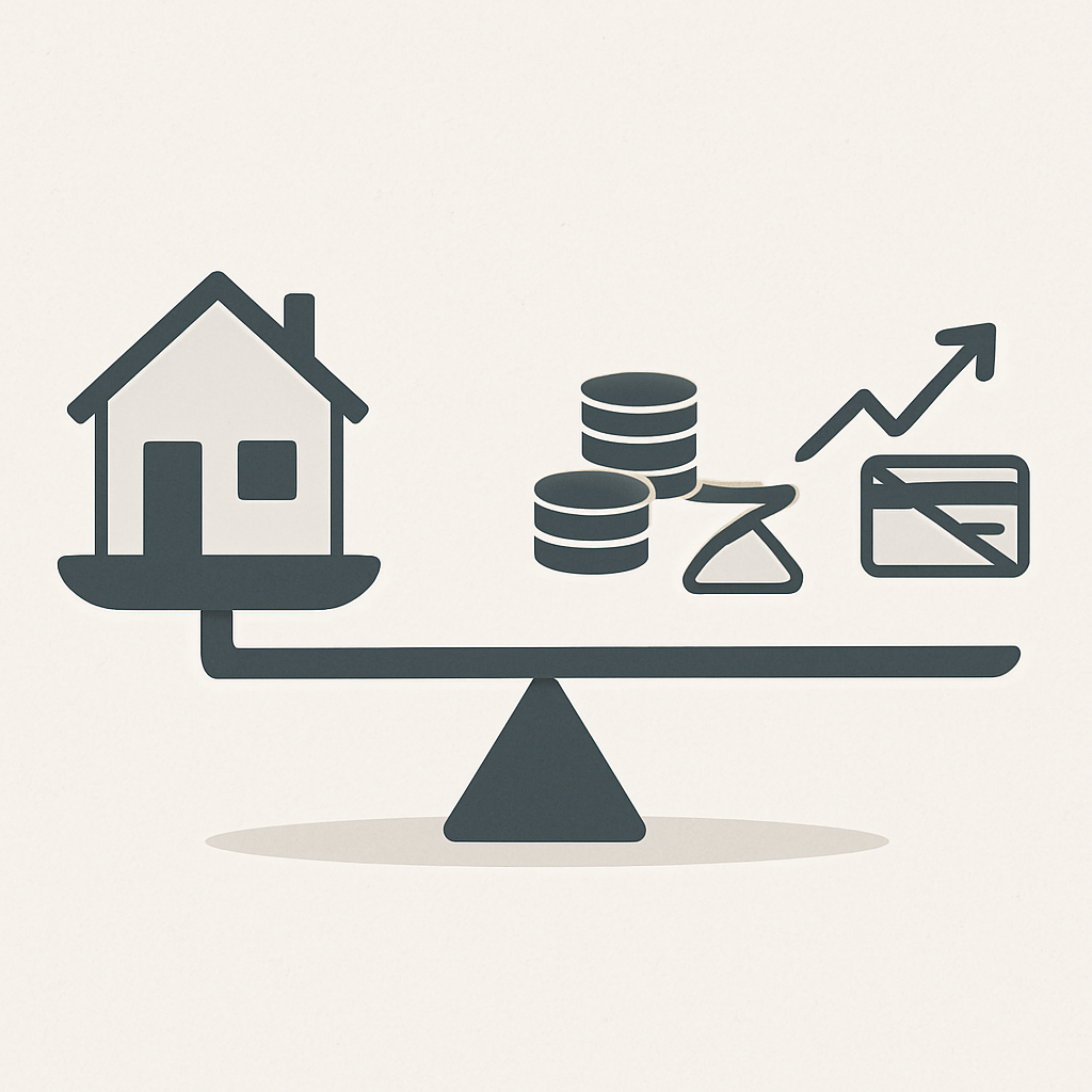 Een minimalistische illustratie van een weegschaal die financiële keuzes afweegt. Aan de ene kant staat een huisje (hypotheek aflossen) en aan de andere kant staan een stapel muntjes (buffer), een omhoog wijzende pijl (beleggen) en een doorgestreepte creditcard (dure leningen).