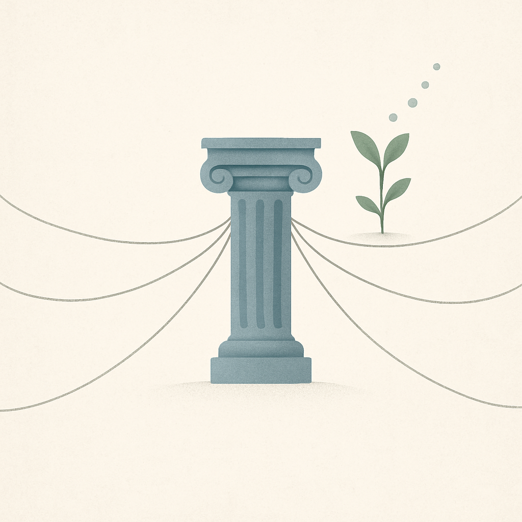 Een minimalistische illustratie van financiële planning. Een centrale, stevige pilaar symboliseert het nabestaandenpensioen, omringd door een fijnmazig netwerk van lijnen die aanvullende verzekeringen en beleggingen voorstellen. Een subtiele weergave van groei, zoals een kleine plant of stijgende punten, illustreert vermogensopbouw.