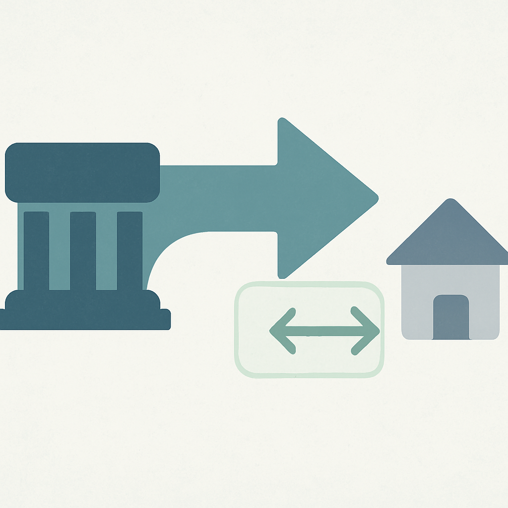 Een minimalistische illustratie van een hypotheekverstrekker en een huiseigenaar. Een grote pijl stelt de hypotheek voor. Een kleinere, groen gemarkeerde pijl van de huiseigenaar naar de bank symboliseert boetevrije extra aflossingen.