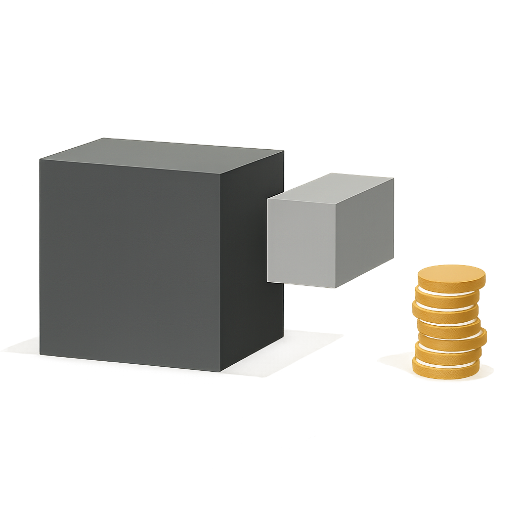 Een minimalistische afbeelding van een grote, donkergrijze blok dat een schuld voorstelt. Een kleiner, lichtgrijs blok is hiervan losgemaakt, wat een afgeloste hoofdsom symboliseert. Daarnaast ligt een groeiende stapel gouden munten, die de totale rentebesparing verbeeldt.