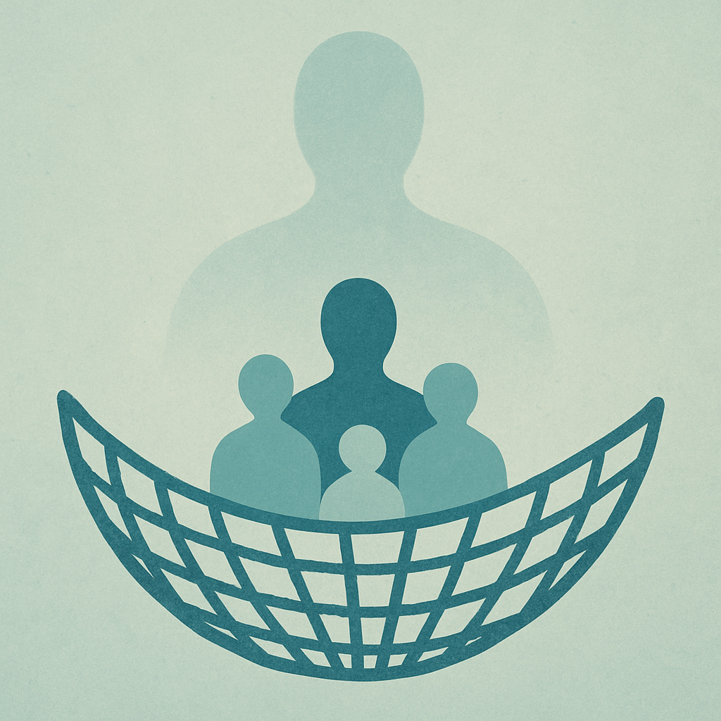 Een minimalistische afbeelding van abstracte menselijke figuren die veilig in een stevig vangnet of op een robuuste fundering rusten, met daarboven een vage omtrek die afwezigheid suggereert, symbolisch voor nabestaandenpensioen.