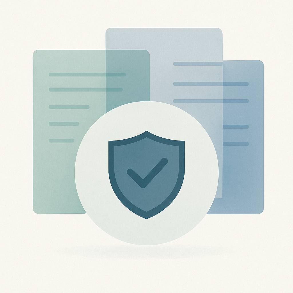 Een minimalistische afbeelding van overlappende, doorschijnende lagen die diverse informatiebronnen symboliseren, met in het midden een beschermende cirkel die financiële zekerheid uitbeeldt.