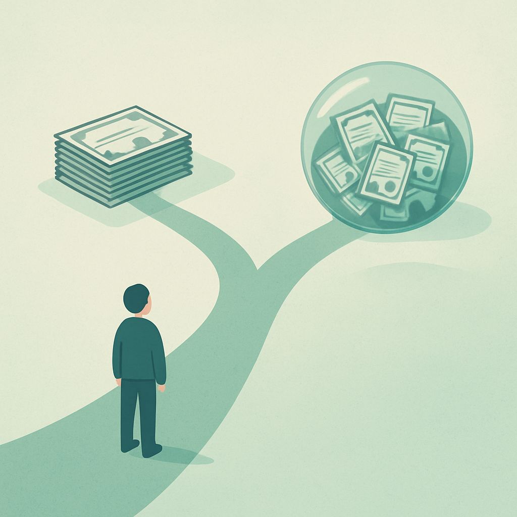 Een minimalistische illustratie van een figuur die voor twee paden staat. Eén pad leidt naar een stapel individuele obligaties, het andere naar een mandje vol gediversifieerde obligaties, wat de keuze tussen directe investering en fondsen symboliseert.