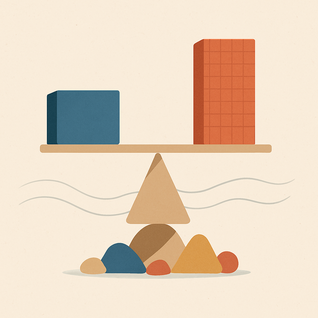 Een minimalistische illustratie van een balansschaal. Aan de ene kant staat een stevig, glad blok (staatsleningen), en aan de andere kant een iets hoger, ruwer blok (bedrijfsobligaties), wat de afweging tussen risico en rendement symboliseert. Subtiele lijnen onder de schaal suggereren marktfluctuaties, en aan de basis liggen diverse vormen voor spreiding.