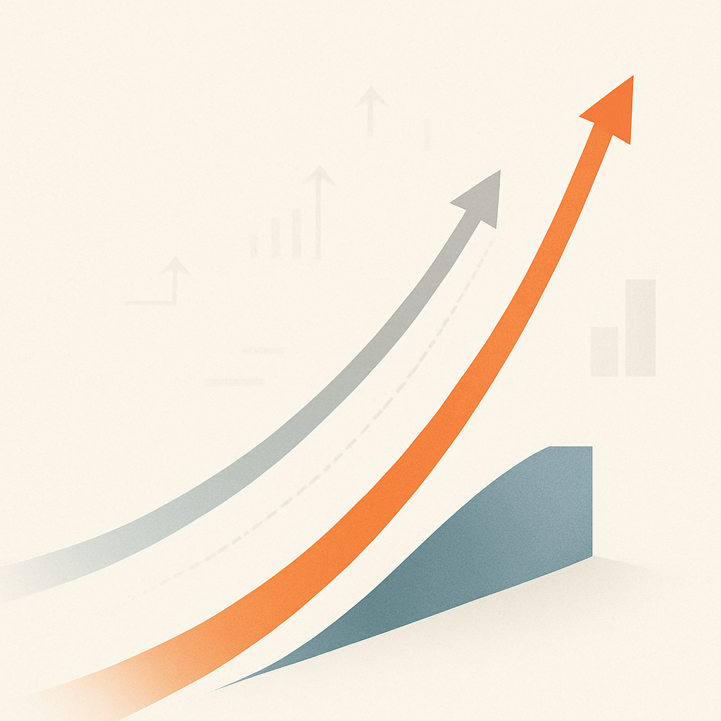 Een abstracte, minimalistische afbeelding toont drie oplopende paden die verschillende beleggingsstrategieën voorstellen, variërend in steilheid en ondersteuning, op een eenvoudige achtergrond.