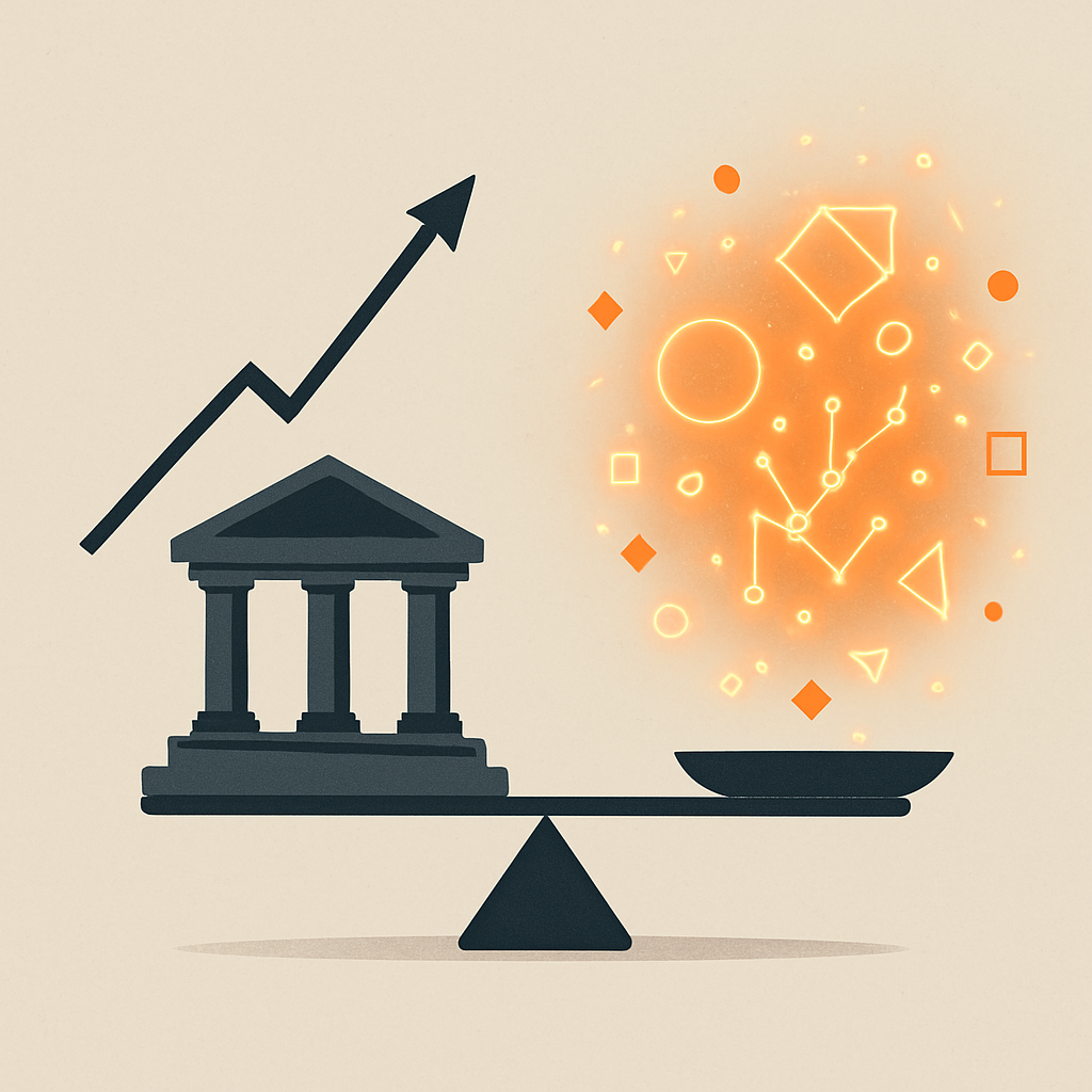 Een minimalistische afbeelding van een weegschaal die de balans weergeeft tussen een stevig gebouw (vastgoed) en digitale, abstracte vormen (technologie en altcoins), met een opwaartse pijl die rendement symboliseert.