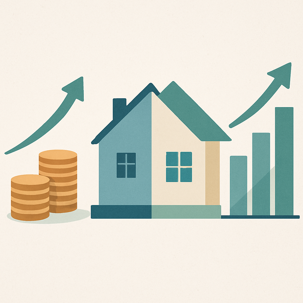 Een minimalistische afbeelding die verschillende vastgoedstrategieën symboliseert: een stapel munten met een opwaartse pijl voor buy-to-let, een veranderende huisvorm voor fix-and-flip en value-add, en een opgaande lijn die marktanalyse en groei weergeeft.
