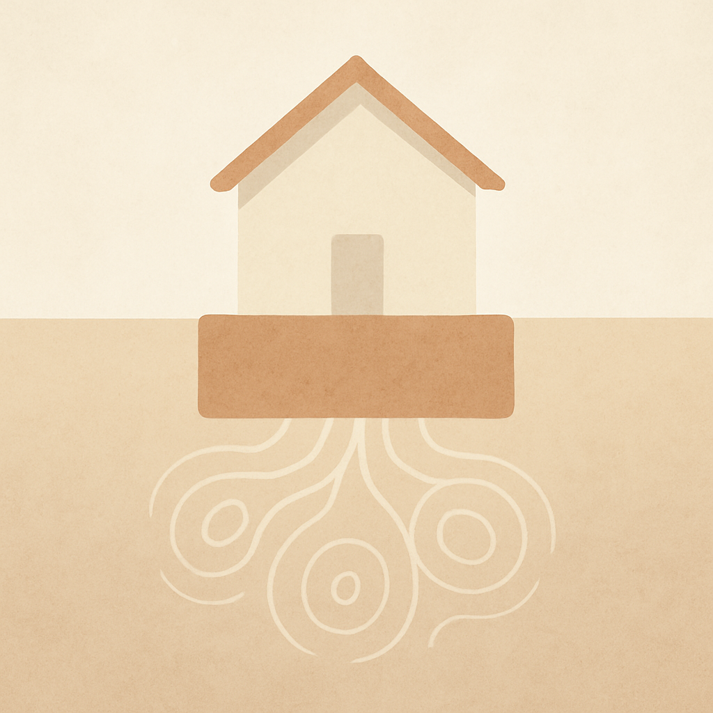 Een minimalistische illustratie van een huis met een stevige, diepe fundering, waaruit subtiele, ronde groeipatronen of wortels zich vertakken, symboliserend voor financiële stabiliteit, gestage groei en een zelfvoorzienend ecosysteem.