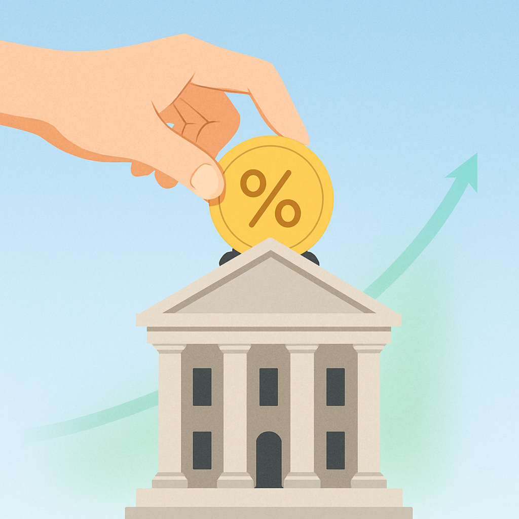Een minimalistische afbeelding van een hand die een munt met een percentage-symbool in een gestileerd gebouw of huis van de overheid plaatst, omringd door kalme, stabiele lijnen. Dit symboliseert het uitlenen van geld aan de overheid via staatsobligaties.