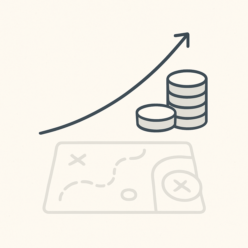 Een minimalistische illustratie van een stijgende lijn grafiek, symbool voor beleggingsgroei en rendement. De grafiek staat boven een subtiele blauwdruk, die strategische planning voorstelt. Rechts staat een klein symbool van gestapelde munten, indicatief voor cashflow en dividenden.