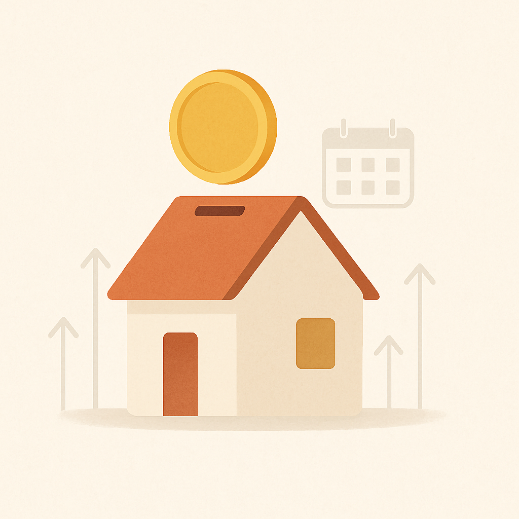 Een minimalistische illustratie van een klein, gestileerd huisje met een munt die in de schoorsteen valt. Om het huis heen wijzen subtiele pijlen omhoog, wat groei symboliseert.