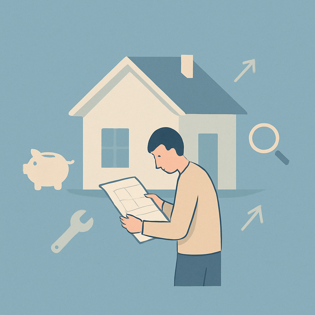 Een minimalistische illustratie van een persoon die een blauwdruk bekijkt voor een huis, omringd door symbolen voor geld, onderhoud, onderzoek en groei, op een rustige achtergrond.