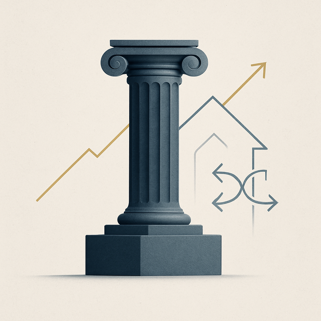 Een minimalistische illustratie van een sterke pilaar die oprijst uit een basis, met abstracte lijnen en vormen die groei, huizen en investeringsstrategieën symboliseren, in gedempte kleuren.