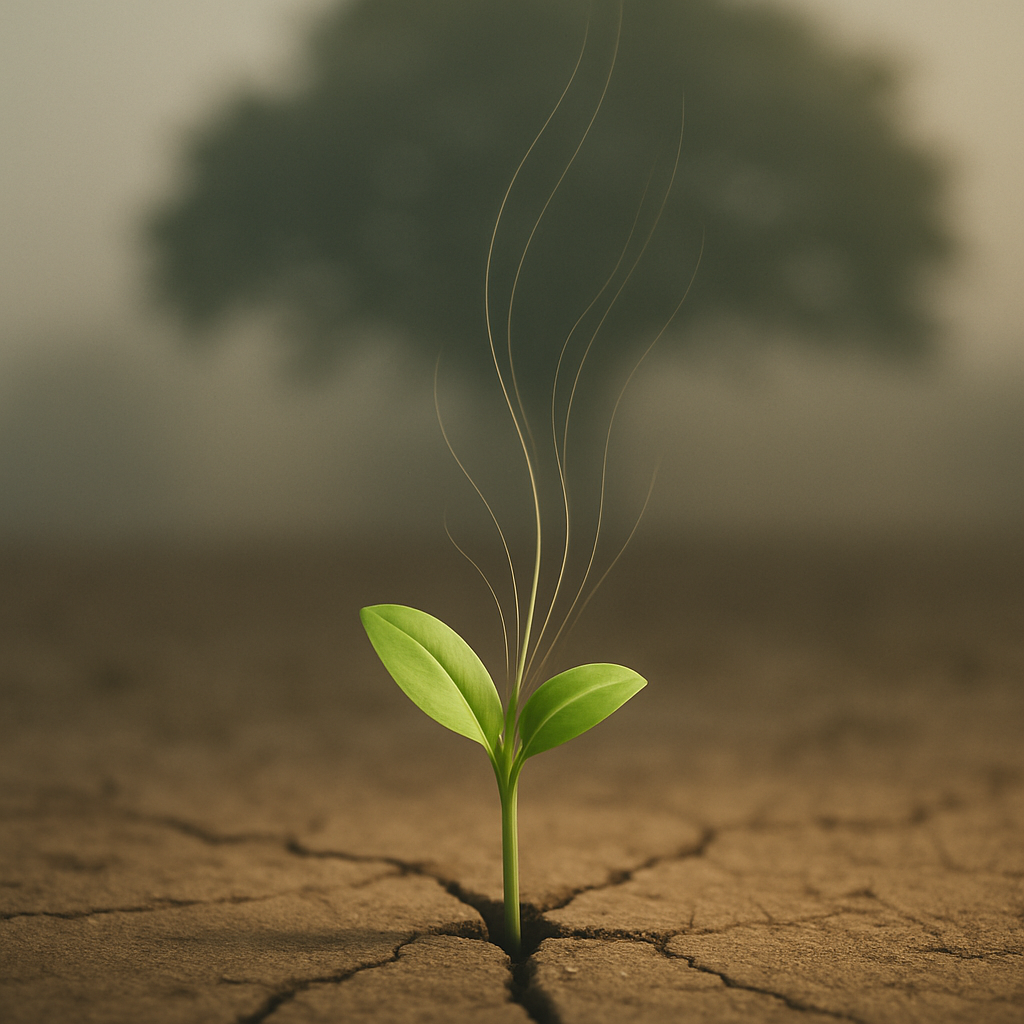 Een minimalistische weergave van een klein groen zaailing dat door gebarsten aarde omhoogkomt. Lichtgevende lijnen stijgen op vanuit het zaailing, wat de groei en het rendement symboliseert. Op de achtergrond is een subtiel silhouet van een volgroeide boom zichtbaar, wat staat voor de lange-termijn visie van investeren.