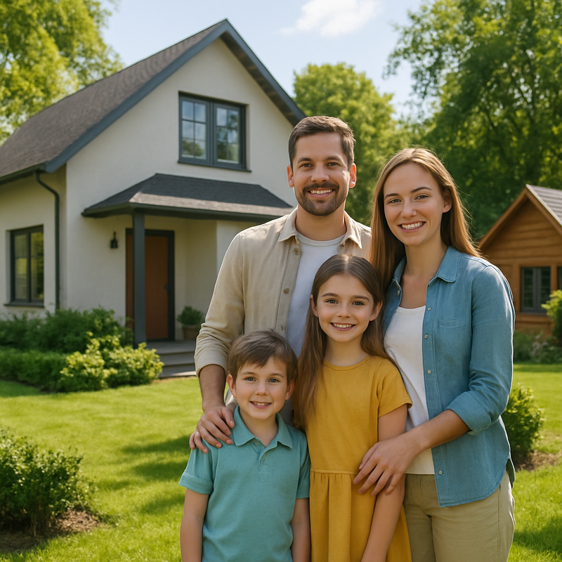 Moderne familie voor een woning met een recreatiewoning op de achtergrond, symbool voor vastgoedbelegging door gezinnen