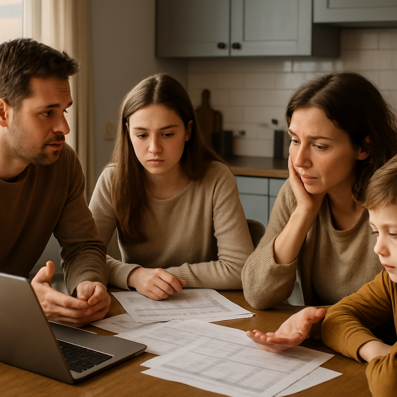 Nederlandse familie zit aan keukentafel met laptop en budgetpapieren, bespreekt financiële situatie