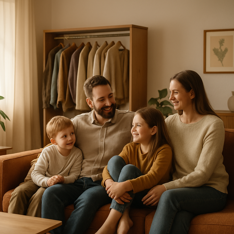 Gezin in een duurzaam ingericht huis met tweedehands meubels en minimalistische kledingkast