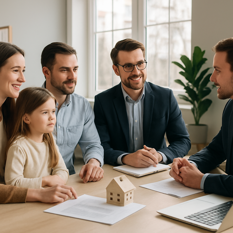 Gezin in gesprek met hypotheekadviseur en makelaar over wonen en financiën