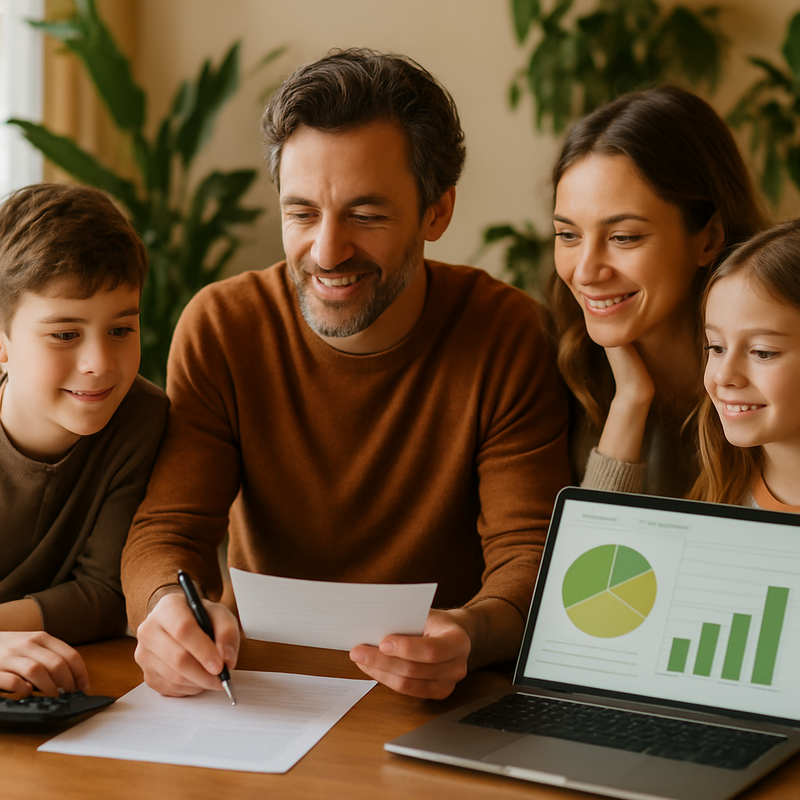 Nederlandse familie die thuis duurzaam beleggen bespreekt met laptop en groene planten