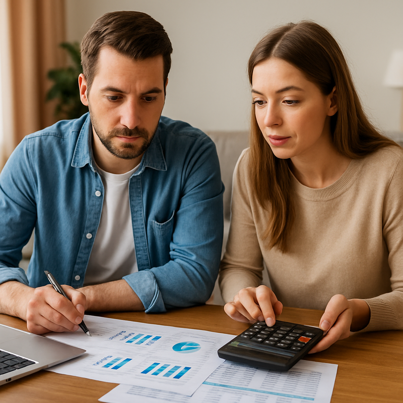 Gezin met laptop en financiële documenten bij tafel, bezig met belasting en beleggingen in 2025