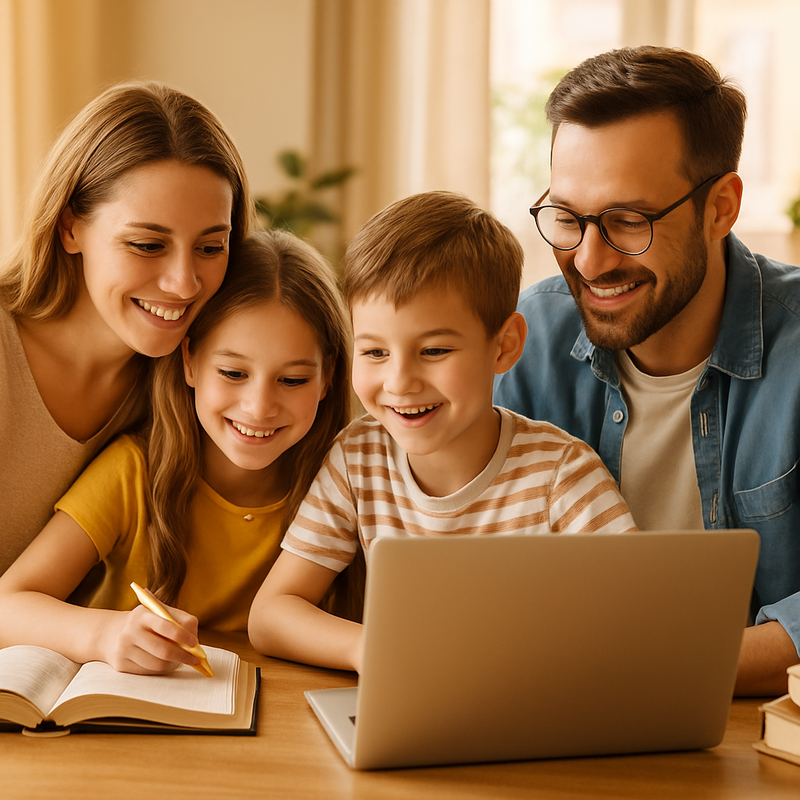 Gezin dat samen studeert aan tafel met boeken en laptop