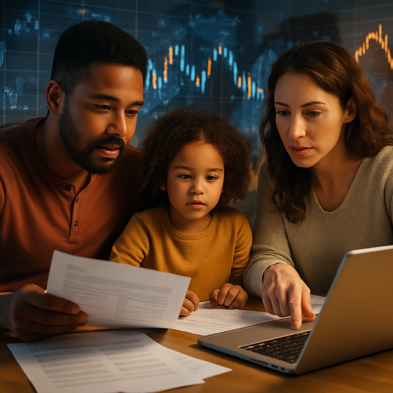 Familie bekijkt financiën met wereldwijde investeringsgrafieken op laptop