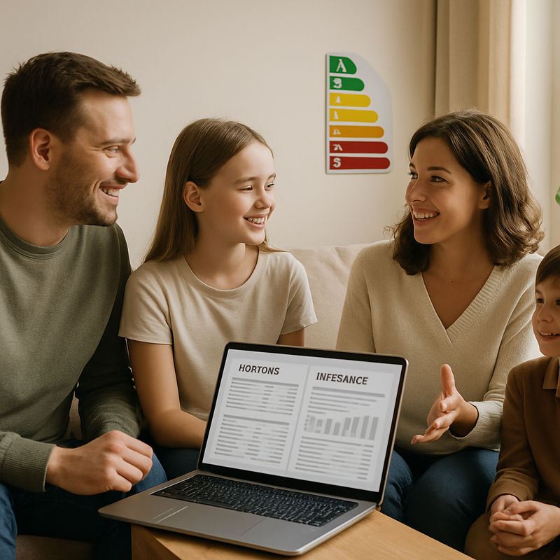 Gezin bespreekt hypotheek en verzekering in energiezuinig huis met documenten