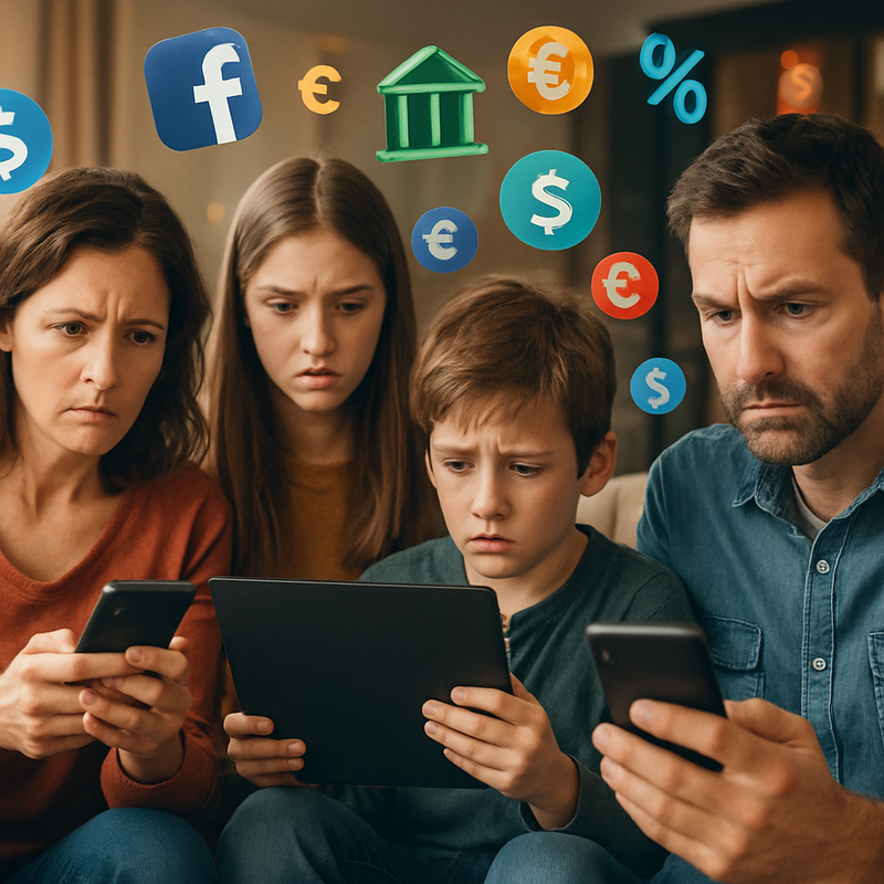 Nederlandse familie aan tafel met laptop en smartphone, omringd door sociale media en financiële iconen