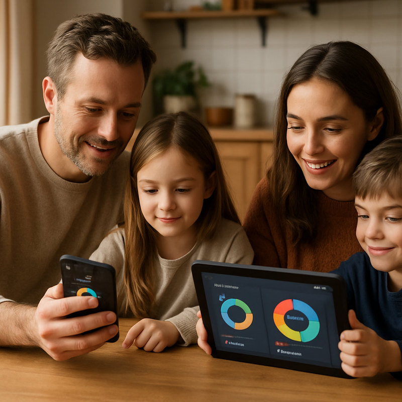 Gezin bekijkt financiële app met spaardoelen en beleggingsgrafieken op tablet en smartphone