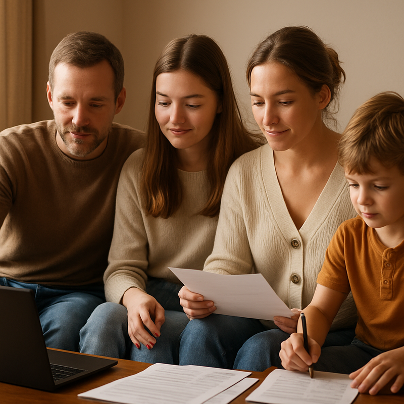 Gezin zit samen aan tafel met laptop en papieren om financiën te bespreken