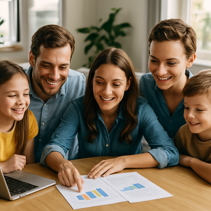 Familie bespreekt financiën met laptop en positieve grafieken in moderne woning
