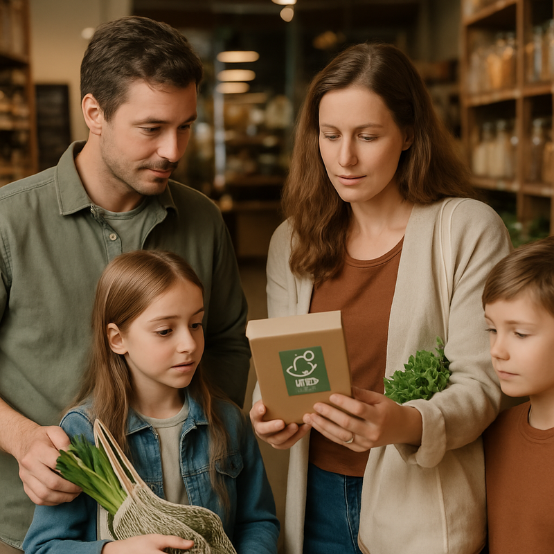 Gezin kijkt in supermarkt naar producten met FSC-keurmerk, duurzame boodschappen