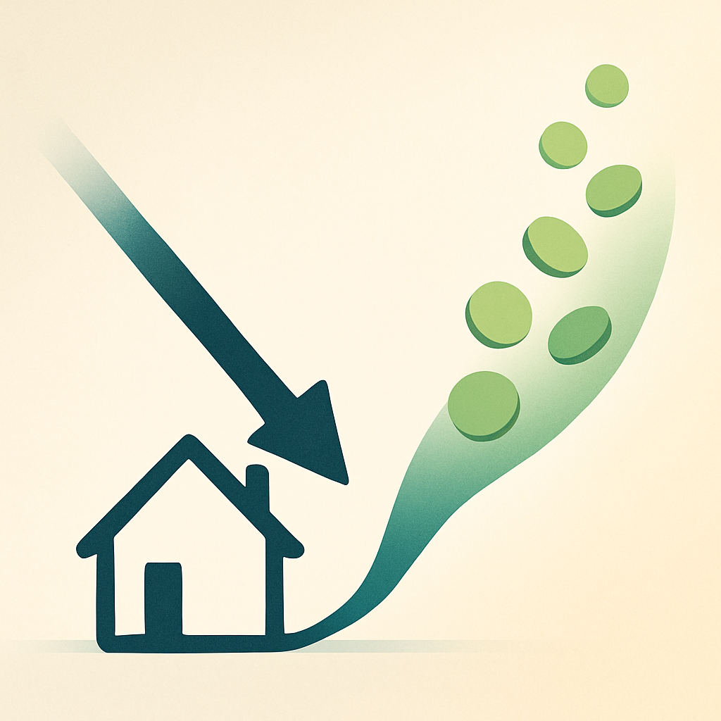 Een minimalistische afbeelding van een huis met een pijl die naar beneden wijst, symbool voor minder schuld, en een stroom van munten die omhoog gaat, wat groeiende cashflow en overwaarde weergeeft.