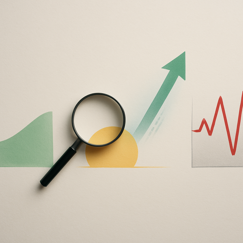 Een abstracte afbeelding die vier investeringsstrategieën illustreert: een kalme opwaartse lijn voor passief beleggen, een vergrootglas boven een onopvallend object voor waardebeleggen, een scherp stijgende pijl voor groeibeleggen, en een zeer volatiele zigzaglijn voor actief beleggen.