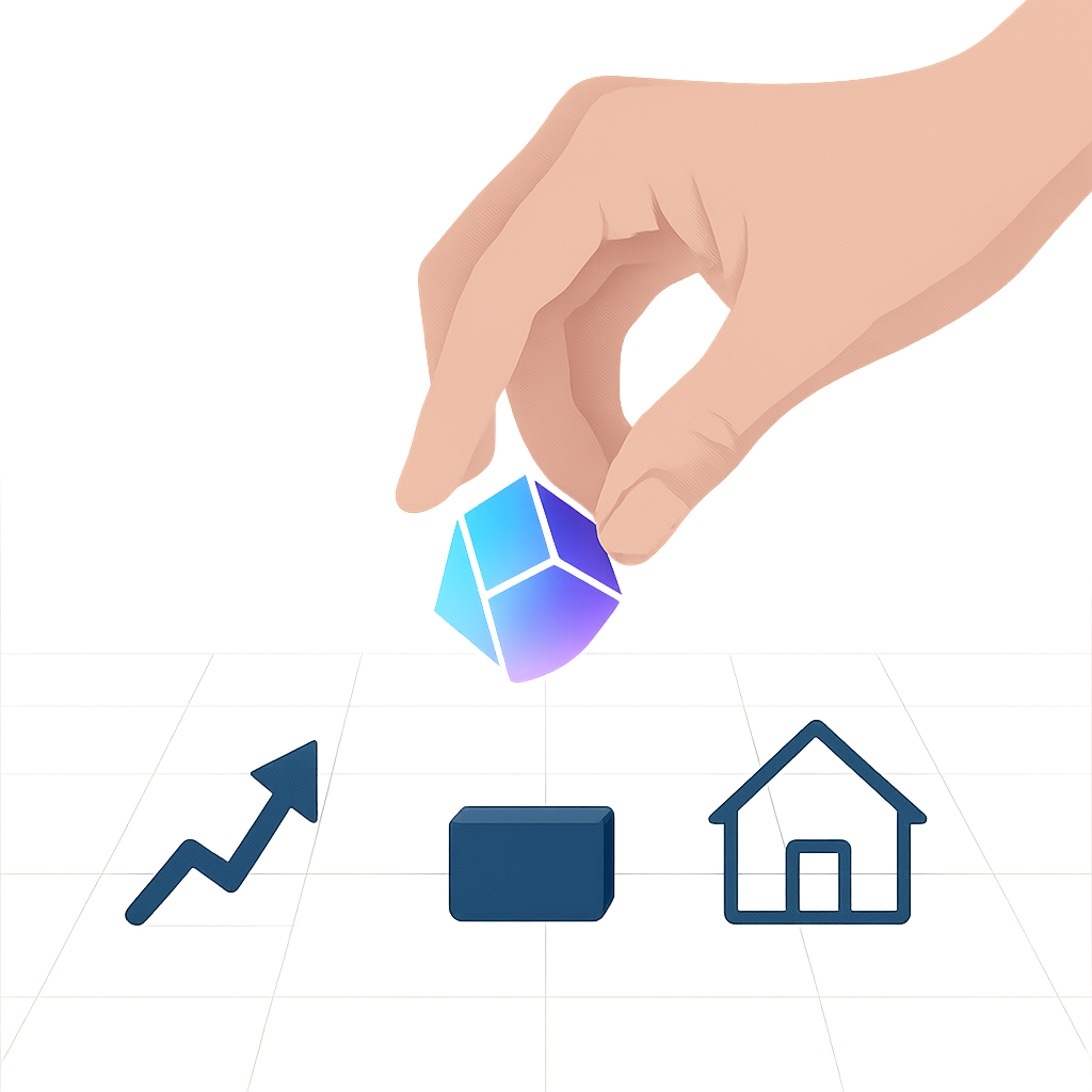 Een minimalistische afbeelding van een hand die vier abstracte symbolen (een pijl, een rechthoek, een huis, een futuristische veelhoek) over een oppervlak verdeelt, wat investeringscategorieën en diversificatie voorstelt.