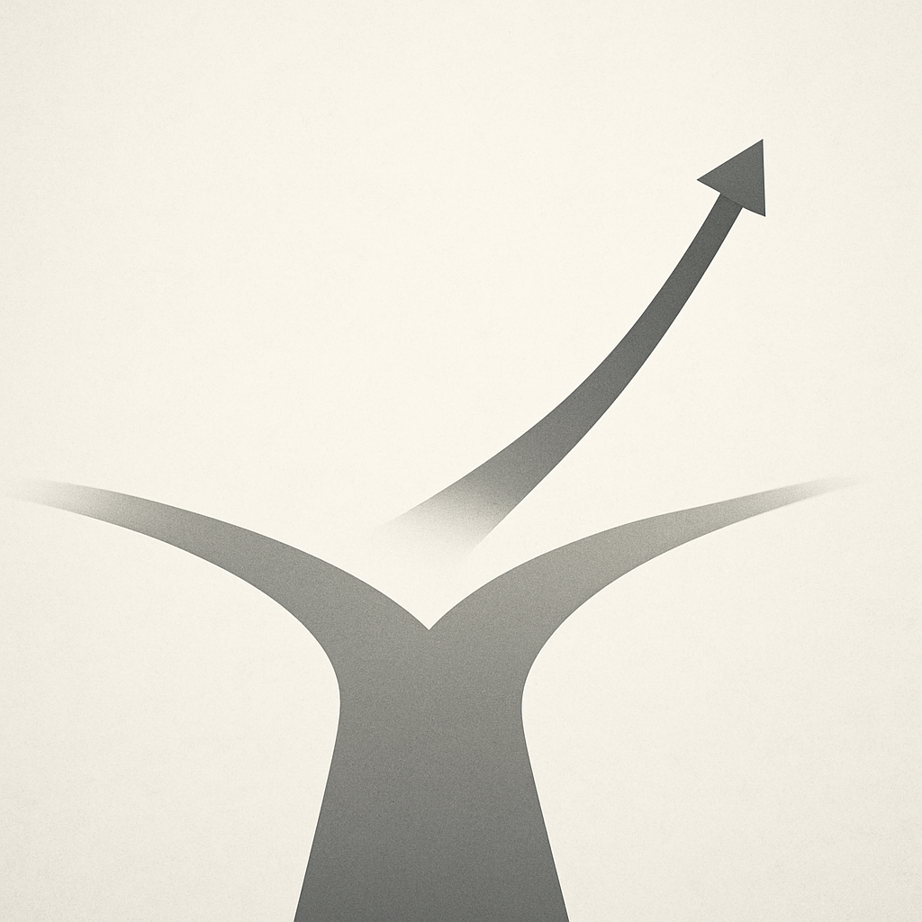 Een minimalistische afbeelding van twee divergerende paden, waarvan de ene recht en vlak is en de andere omhoog wijst, symboliserend de keuze tussen hypotheek aflossen of beleggen met het oog op vermogensgroei.