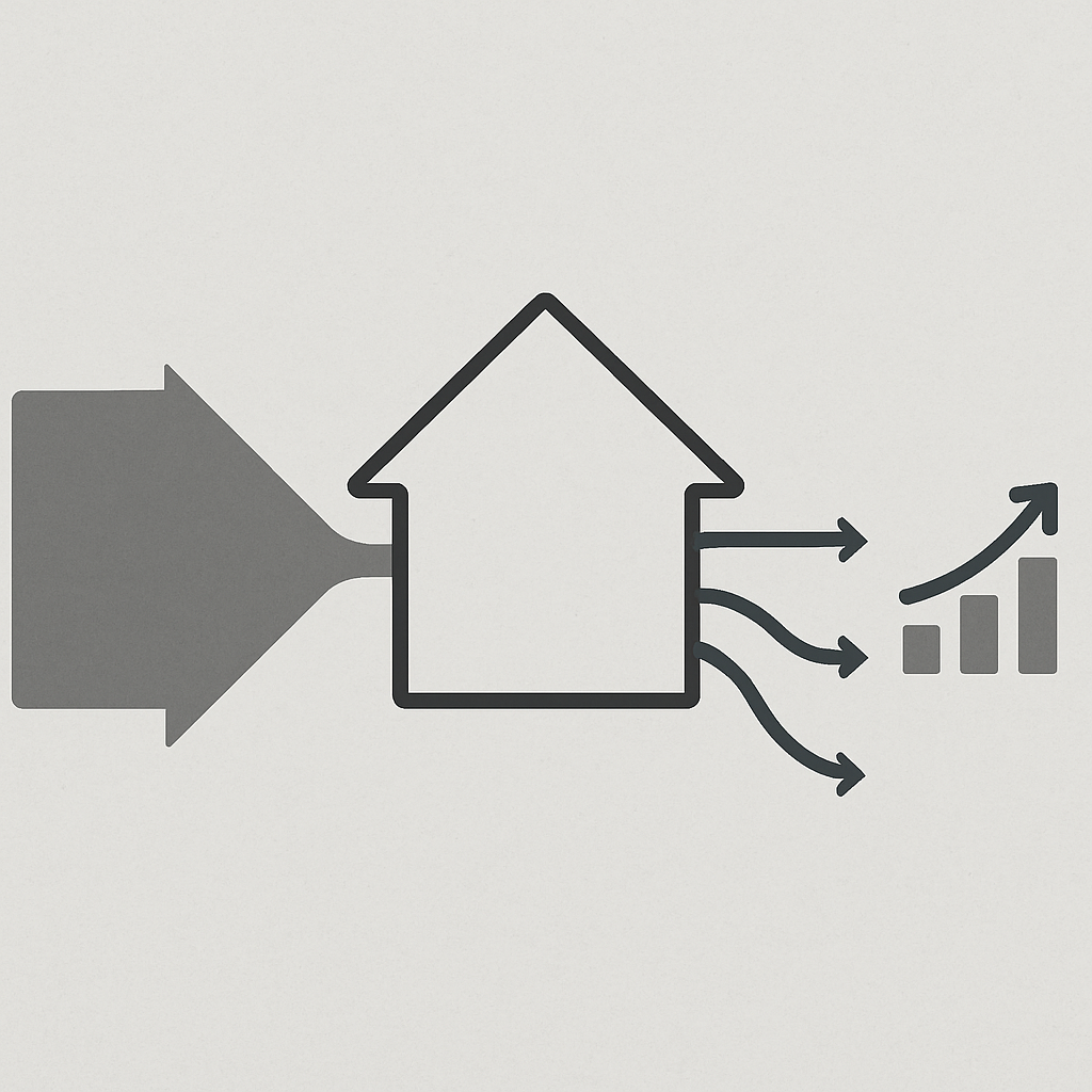 Een minimalistische illustratie van een huis waar inkomend geld (huur) en uitgaand geld (diverse operationele kosten zoals onderhoud, belastingen, VvE, leegstand) worden weergegeven. Een kleinere, positieve geldstroom verlaat het huis richting een groeisymbool, wat het netto rendement van de belegging illustreert.