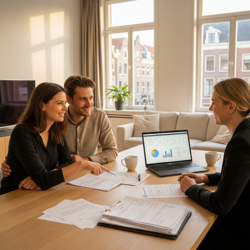 Stel bespreekt hypotheekberekeningen met makelaar aan bureau met laptop